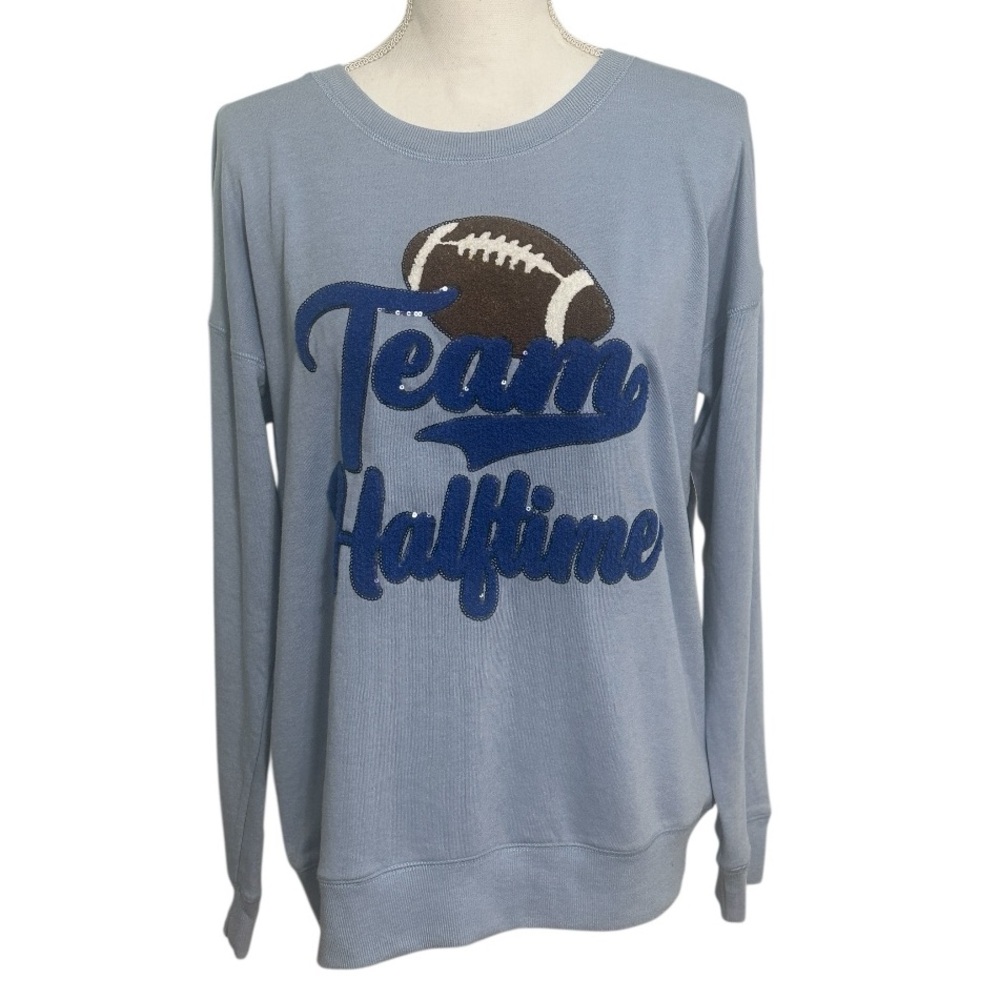Anneliese Blue Boutique Embroidered Sequins Football Crewneck Sweater NWT